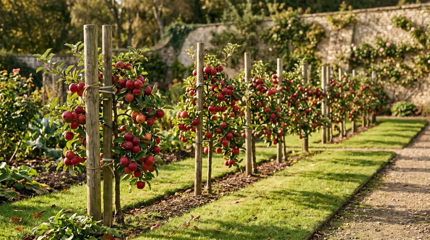 A row of small dwarf apple trees on M9 rootstock staked to posts and laden with red apples in a UK kitchen garden