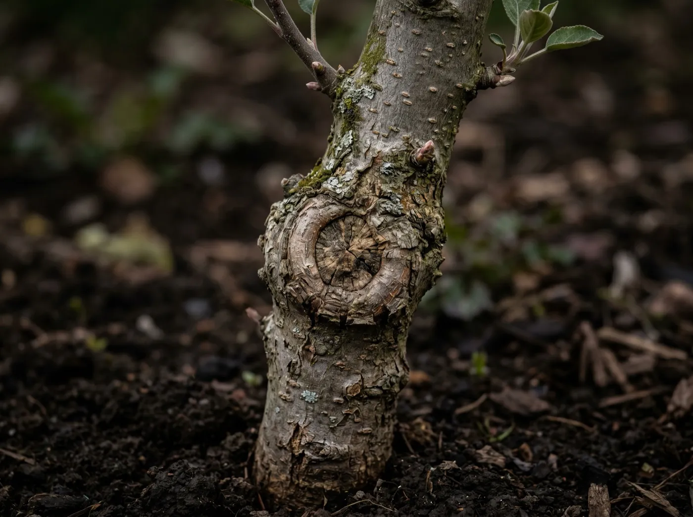 Close-up of a fruit tree graft union showing the swollen join between rootstock and scion above the soil line