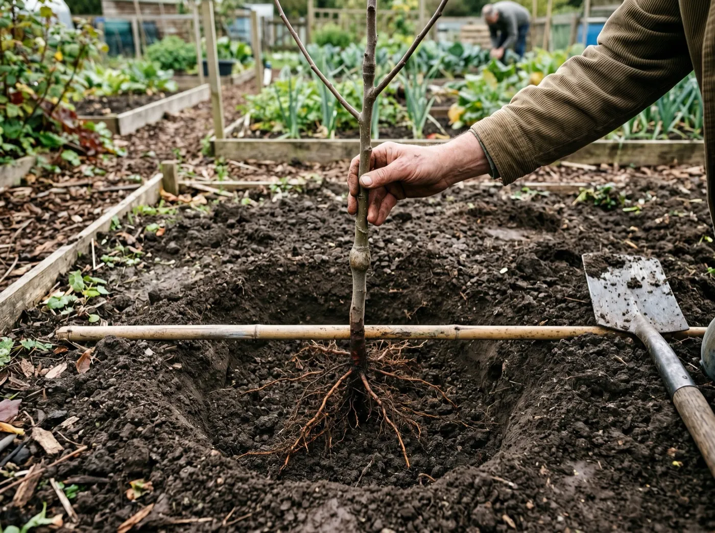 A gardener planting a bare-root apple tree, holding a cane across the planting hole to set the graft union above soil level