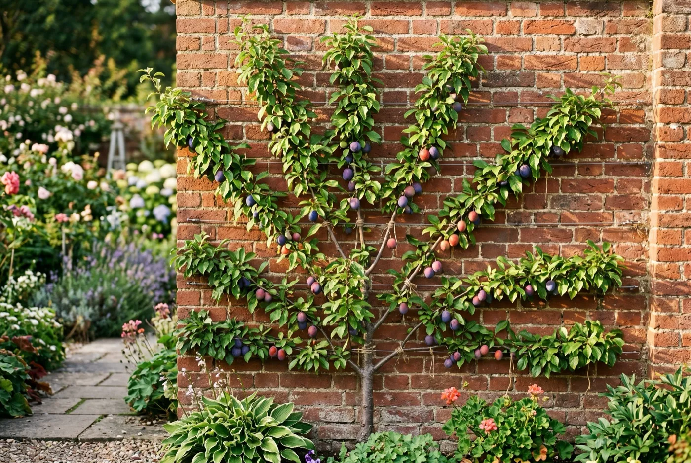 A fan-trained plum tree on St Julien A rootstock spread against a brick garden wall in a suburban UK garden