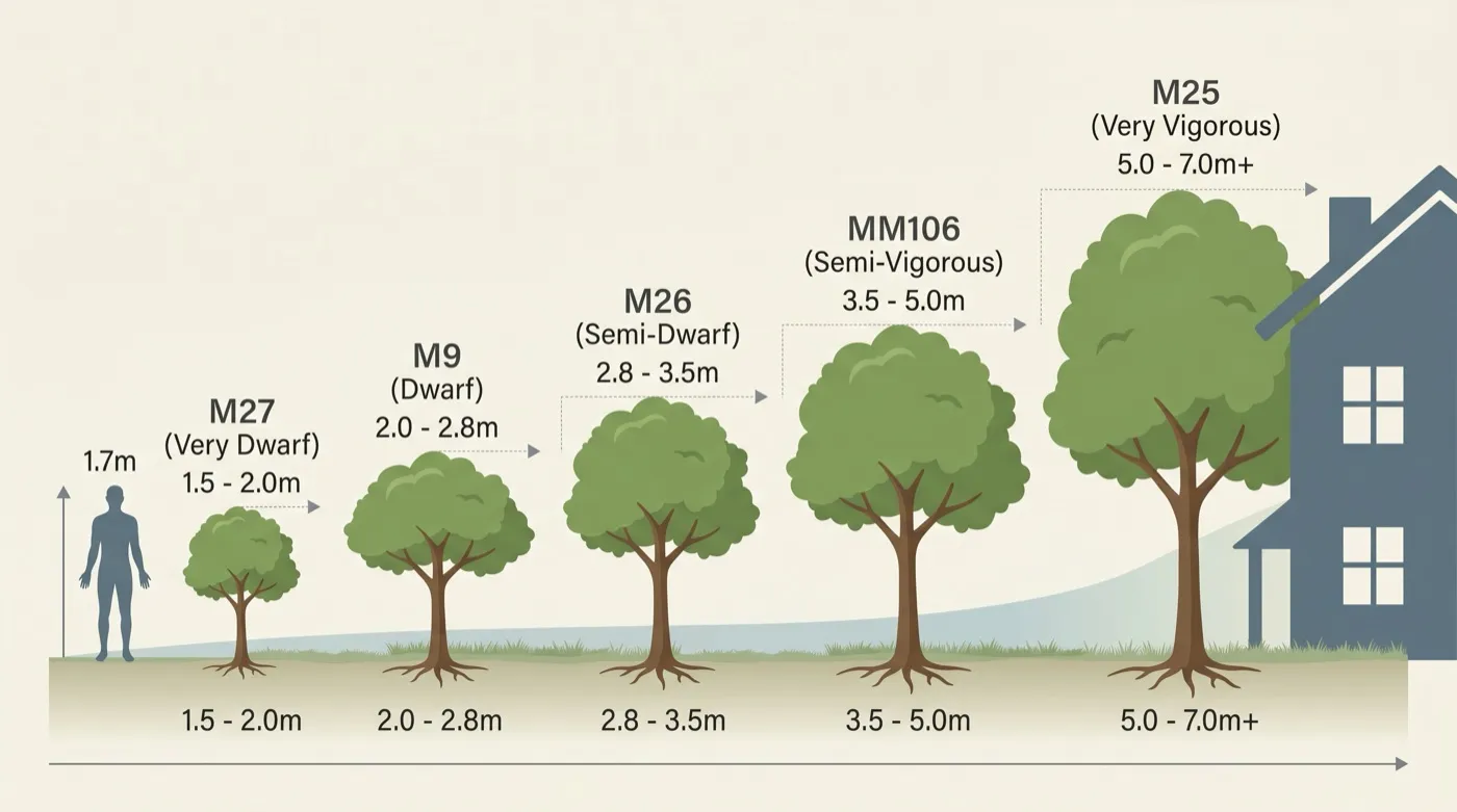 Diagram comparing the relative sizes of apple trees on M27, M9, M26, MM106 and M25 rootstocks against a human figure