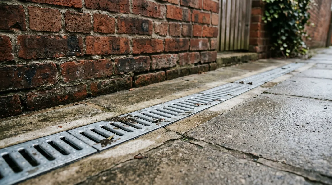 Linear channel drain set into narrow grey paving with a metal grate in a UK side return passage