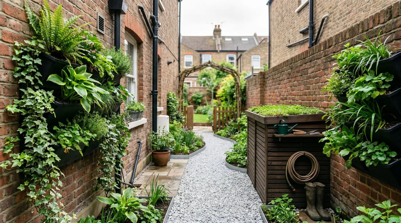 A freshly cleared and planted narrow side return with neat gravel path, vertical planters and tidy storage forming a green corridor
