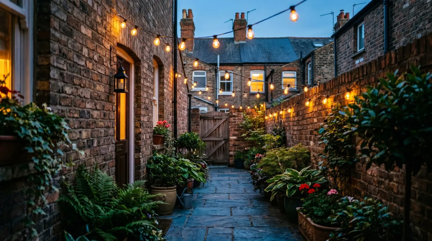 Warm festoon string lights glowing at dusk along a narrow brick side return passage in a UK terraced house