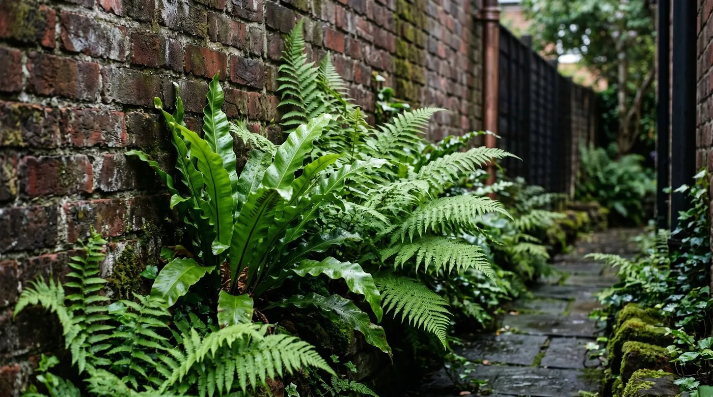 Lush hart's tongue and lady ferns growing against a damp shaded north-facing brick wall in a narrow side passage
