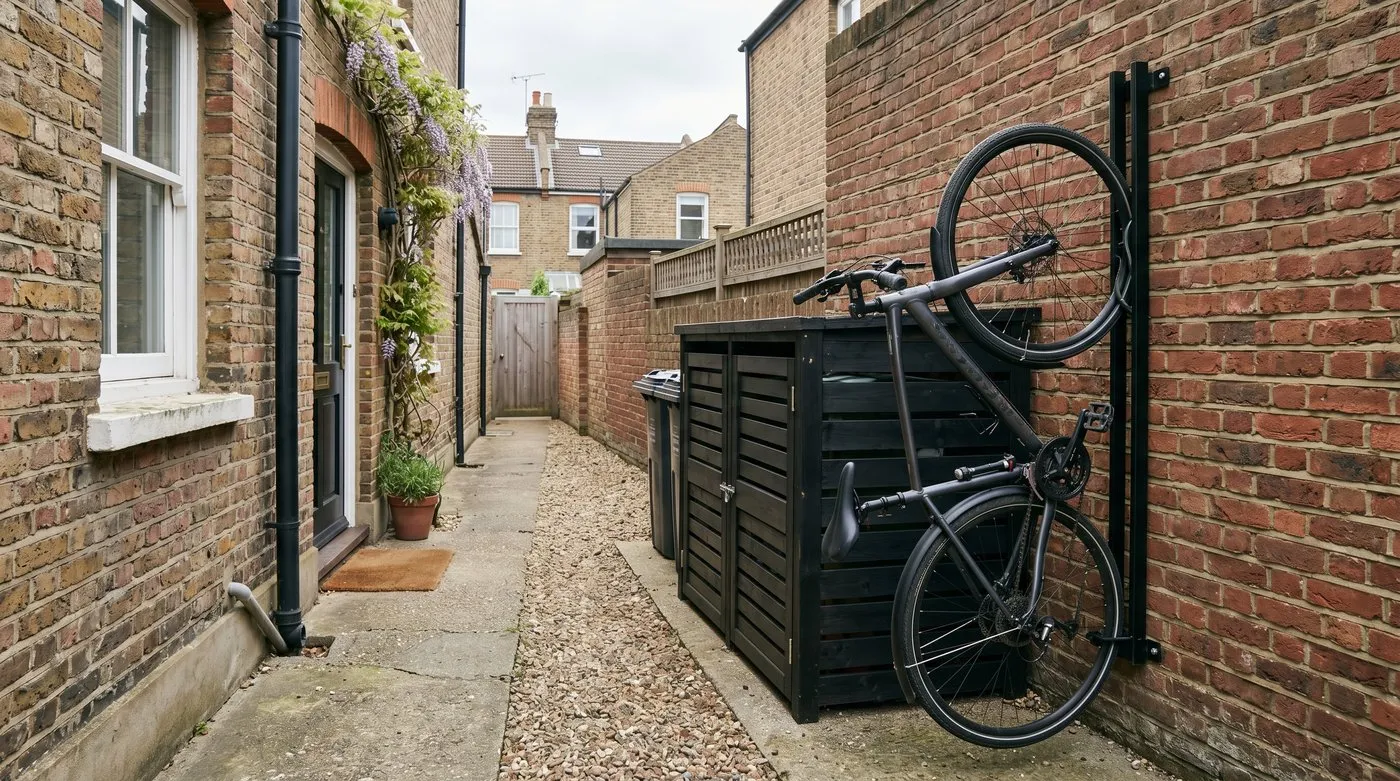 Slim triple bin store and a vertical wall bike rack tidily organised in a narrow terraced side passage