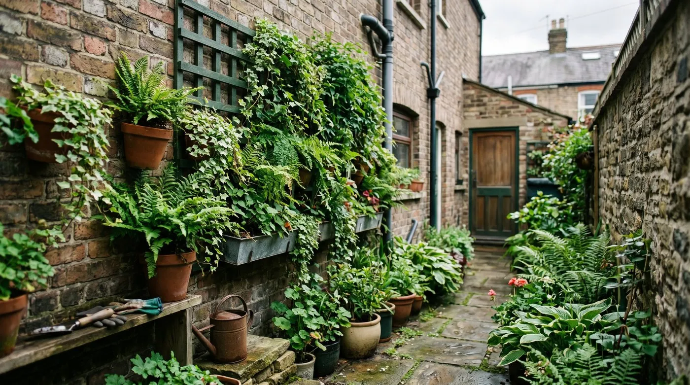 Vertical wall planters and a green trellis of ferns thriving against a shaded brick wall in a narrow UK side return