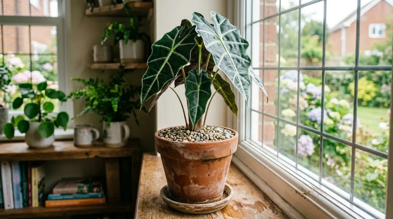 Houseplant in terracotta pot with 2cm horticultural grit top dressing preventing fungus gnat egg laying UK home
