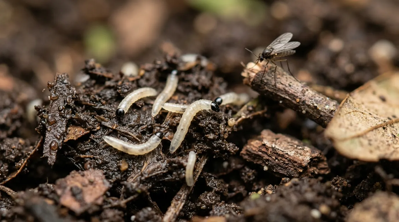 Close-up macro of fungus gnat larvae in compost with adult fly visible showing lifecycle stages UK houseplant