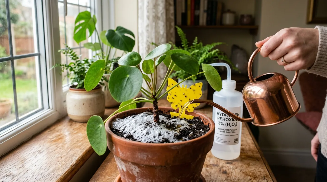 Hydrogen peroxide drench treatment on a fungus gnat infested houseplant with sticky trap UK