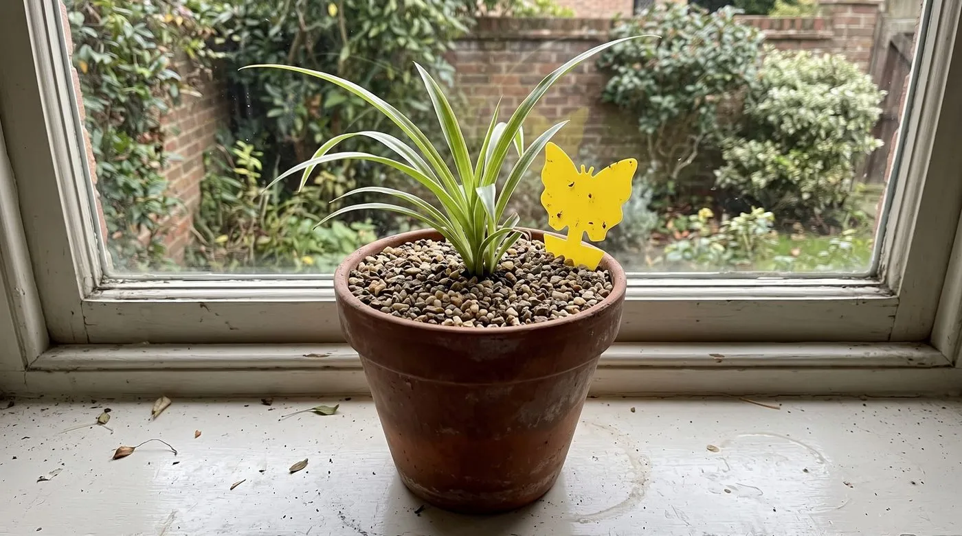 A houseplant topped with grit and a yellow sticky trap to stop fungus gnats
