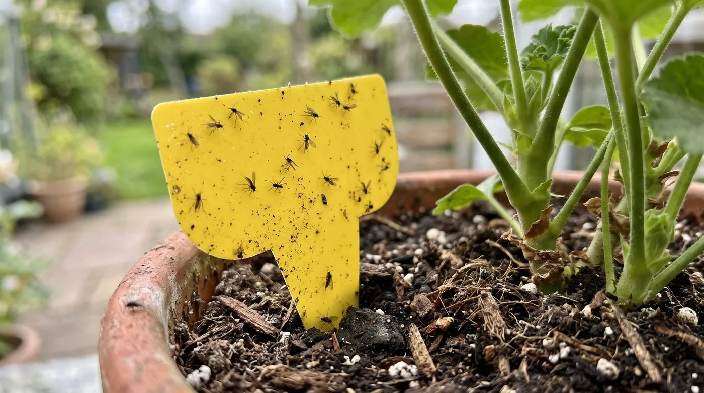 Fungus gnats caught on a yellow sticky trap in a houseplant pot