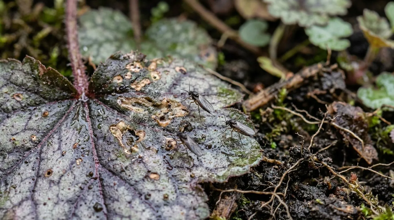 Close-up showing fungus gnats houseplants on UK garden plant for identification