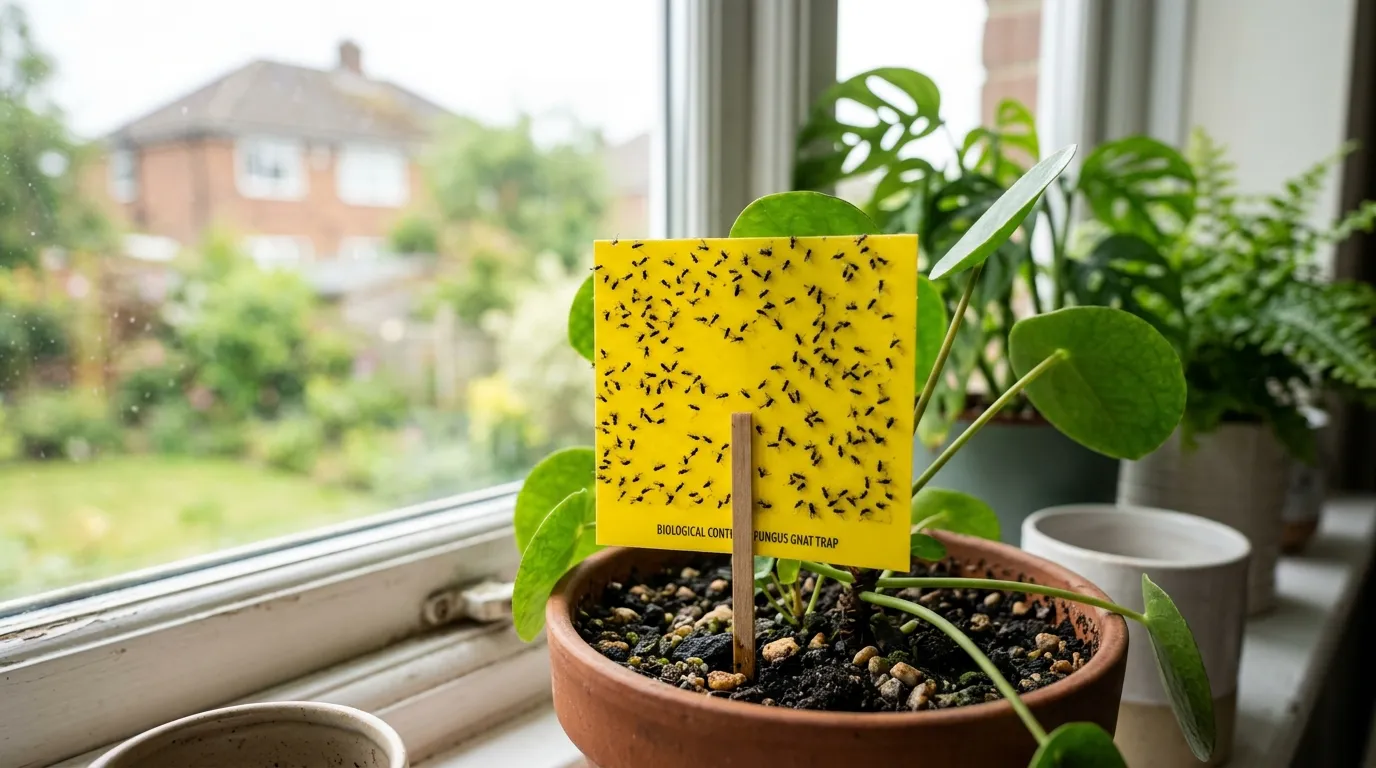 Yellow sticky trap covered in fungus gnat flies sticking up from a UK houseplant in a bright window