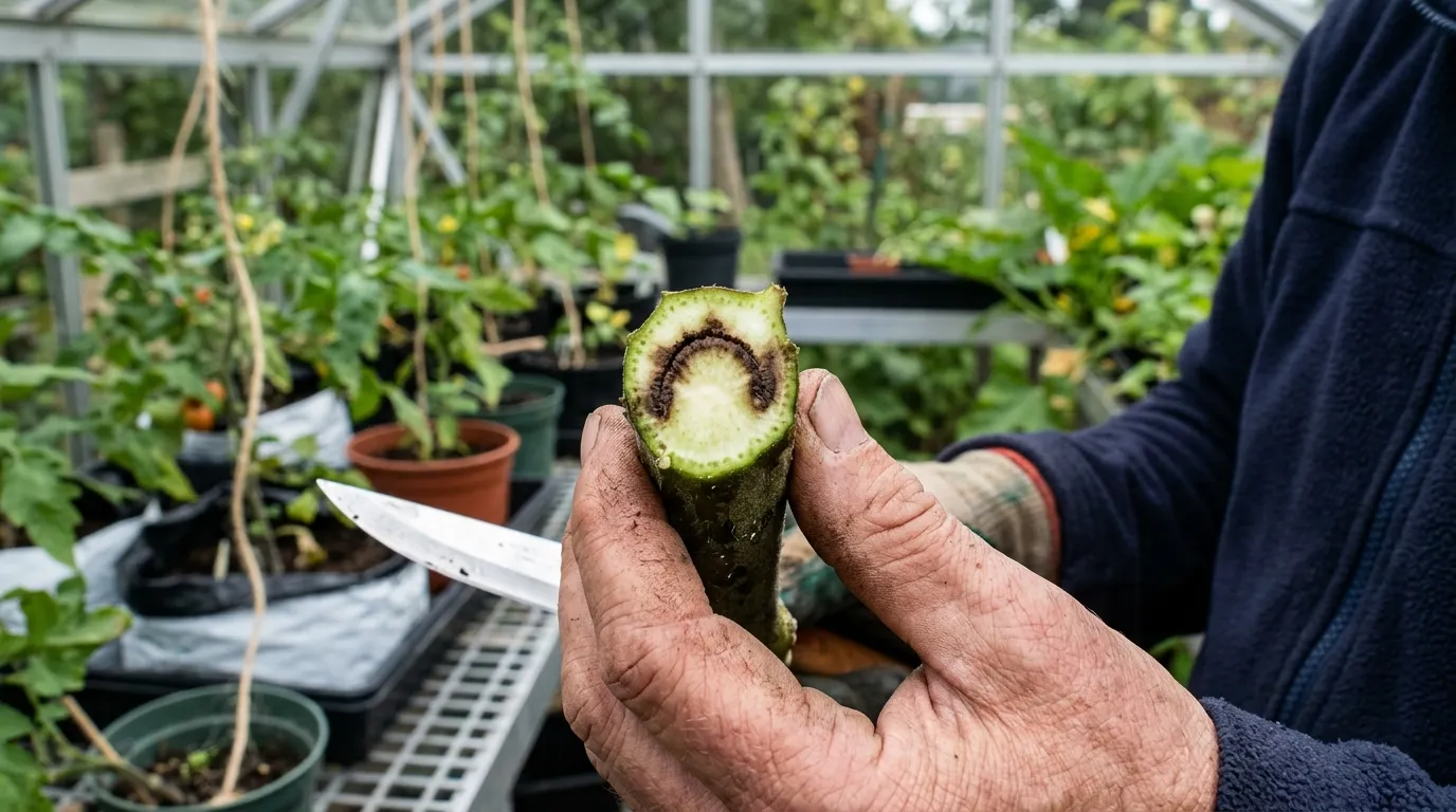 Cross-section of a tomato stem showing brown vascular tissue from fusarium wilt