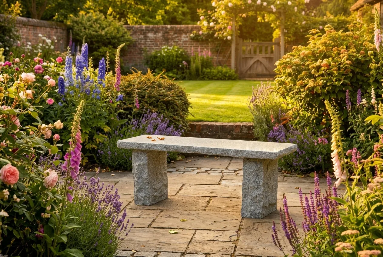 A rustic grey granite garden bench placed to catch golden evening sun in a west-facing spot