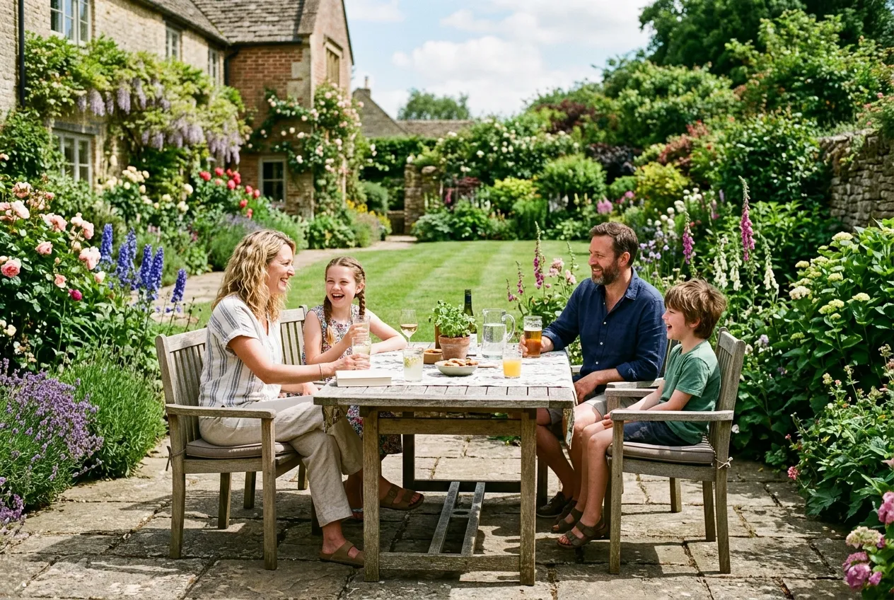 A family enjoying a sunny patio in the warmest part of the garden on a summer day
