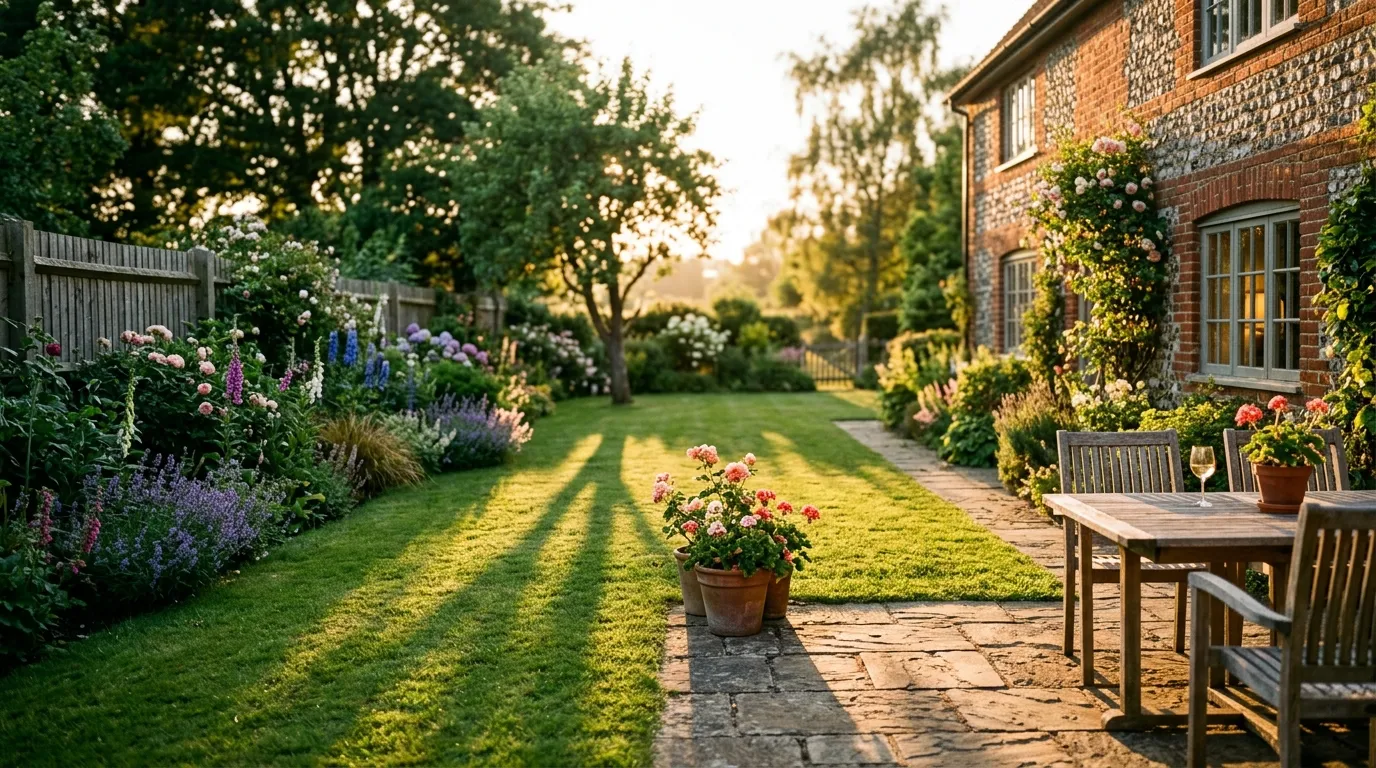 English back garden in low golden evening sun showing long shadows and a sunlit patio illustrating garden aspect