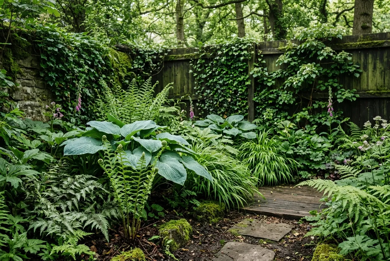 A cool north-facing shady corner with ferns and hostas in dappled light