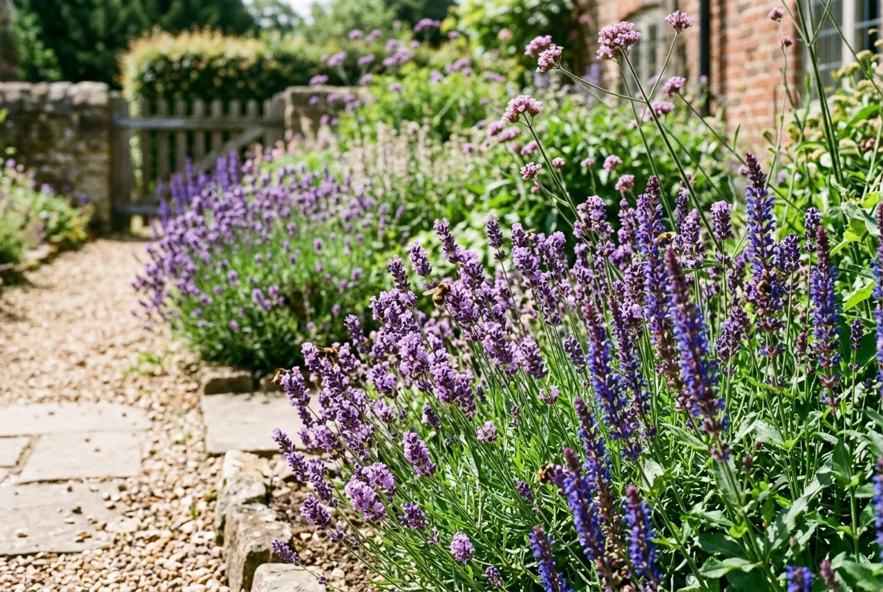 A sunny south-facing border full of lavender, salvia and verbena in bright light
