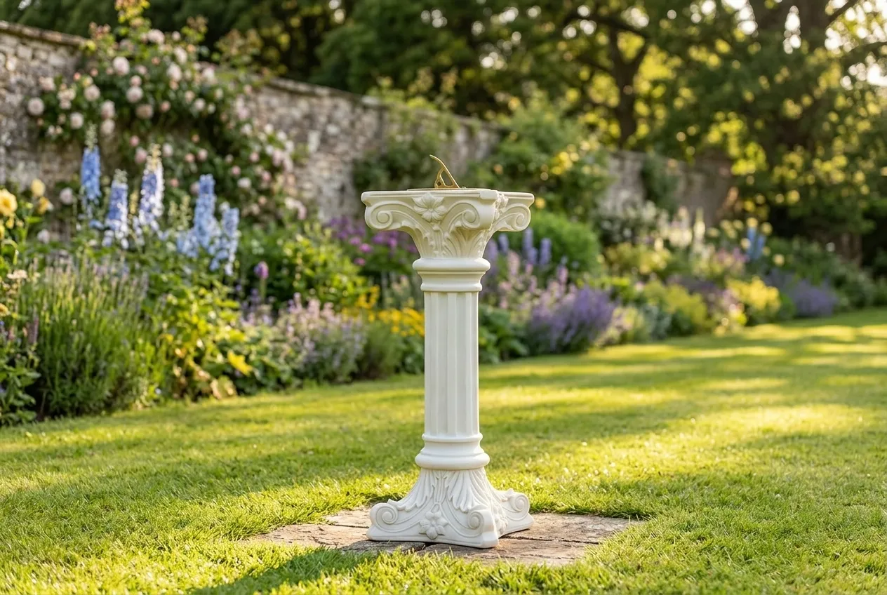 An aged brass sundial on a classical stone pedestal catching the sun in an open lawn