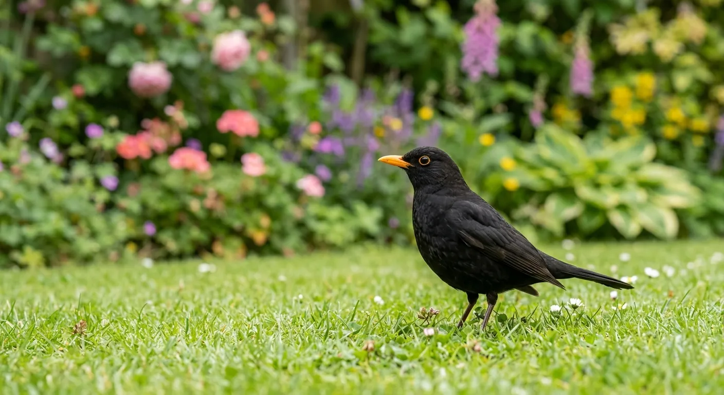 Common garden birds male blackbird with jet black plumage and orange bill standing on a UK garden lawn