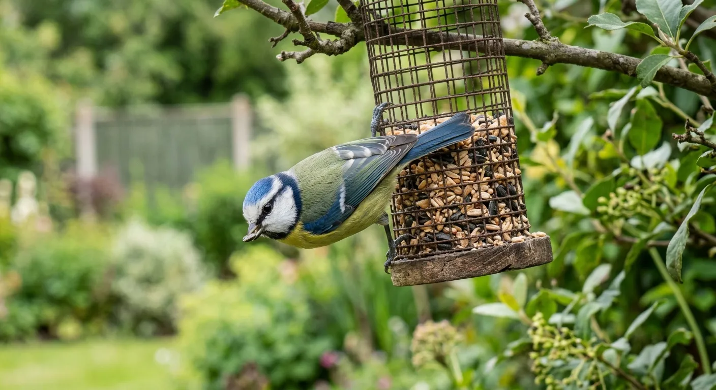 Common garden birds blue tit with bright blue cap clinging to a bird feeder in a UK garden