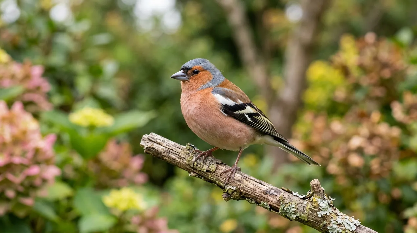 Common garden birds male chaffinch with blue-grey crown and pink breast perched on a garden branch