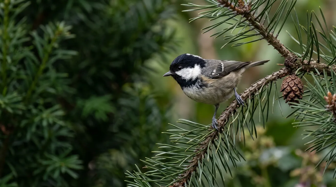 Common garden birds coal tit with black cap and white nape patch clinging to a pine branch