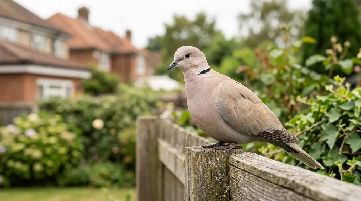 Common garden birds collared dove with pale sandy plumage and black half-collar on a garden fence