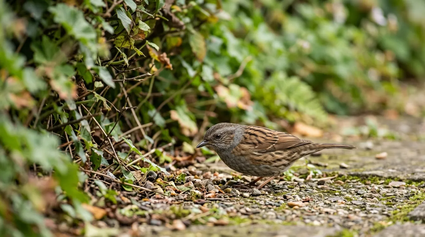 Common garden birds dunnock with thin beak and grey head shuffling along a garden path