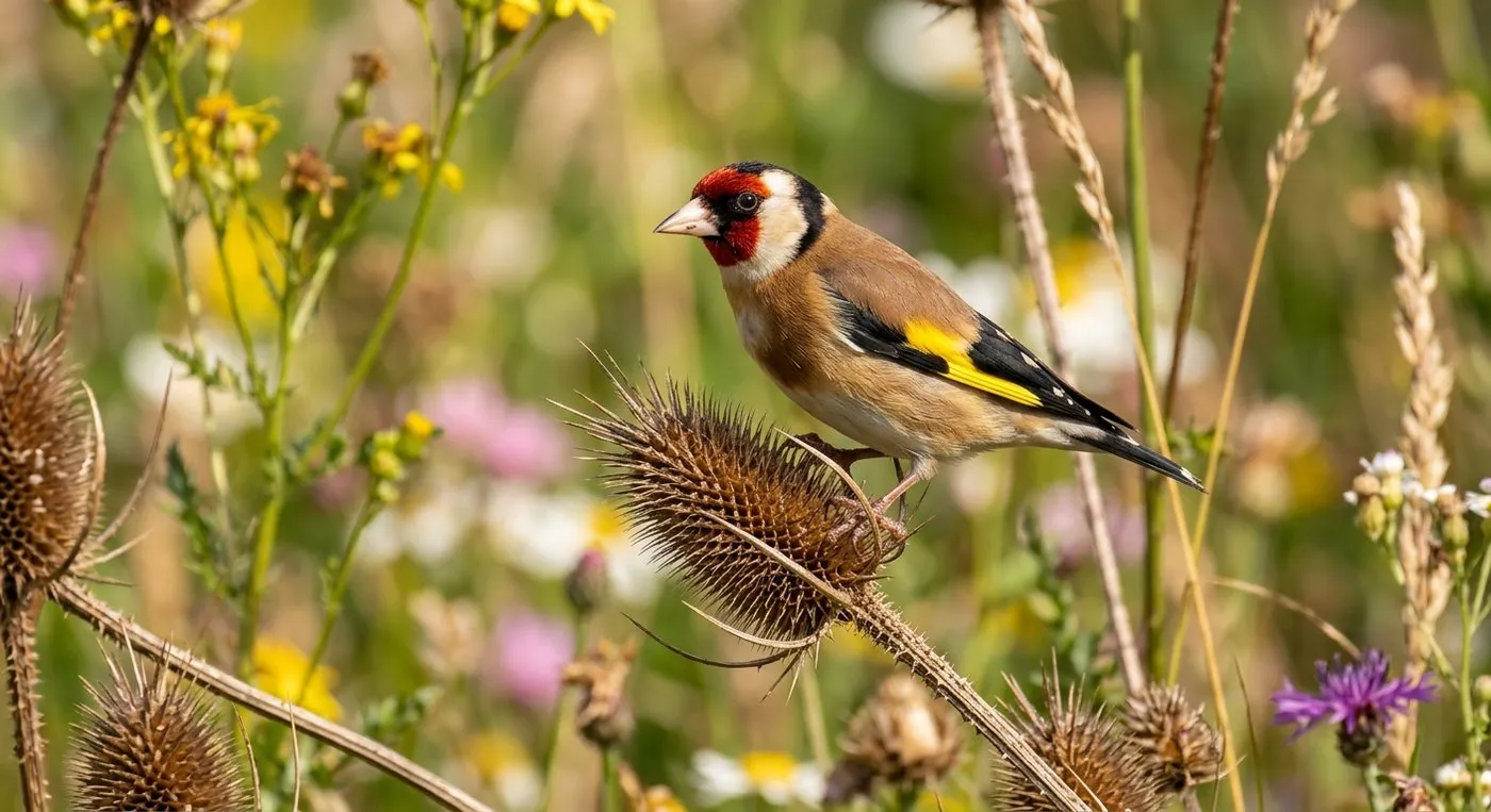 Common garden birds goldfinch with red face and gold wing bars perched on a teasel seed head