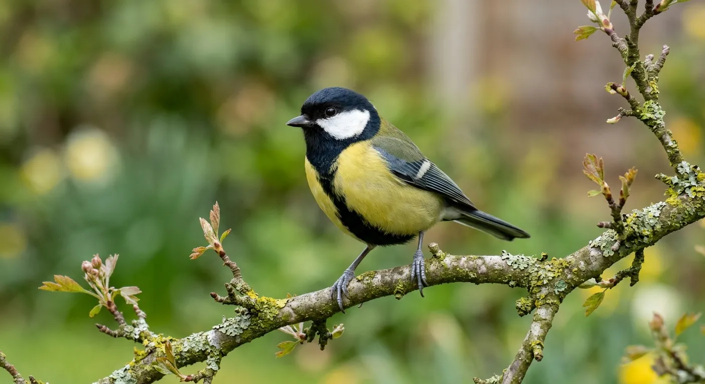 Common garden birds great tit with black head white cheeks and yellow belly perched on a branch