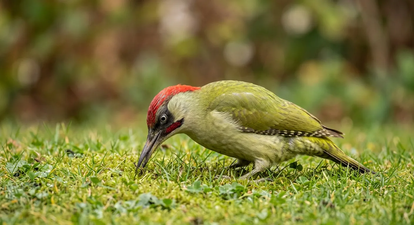 Common garden birds green woodpecker with red crown and green plumage feeding on a UK garden lawn