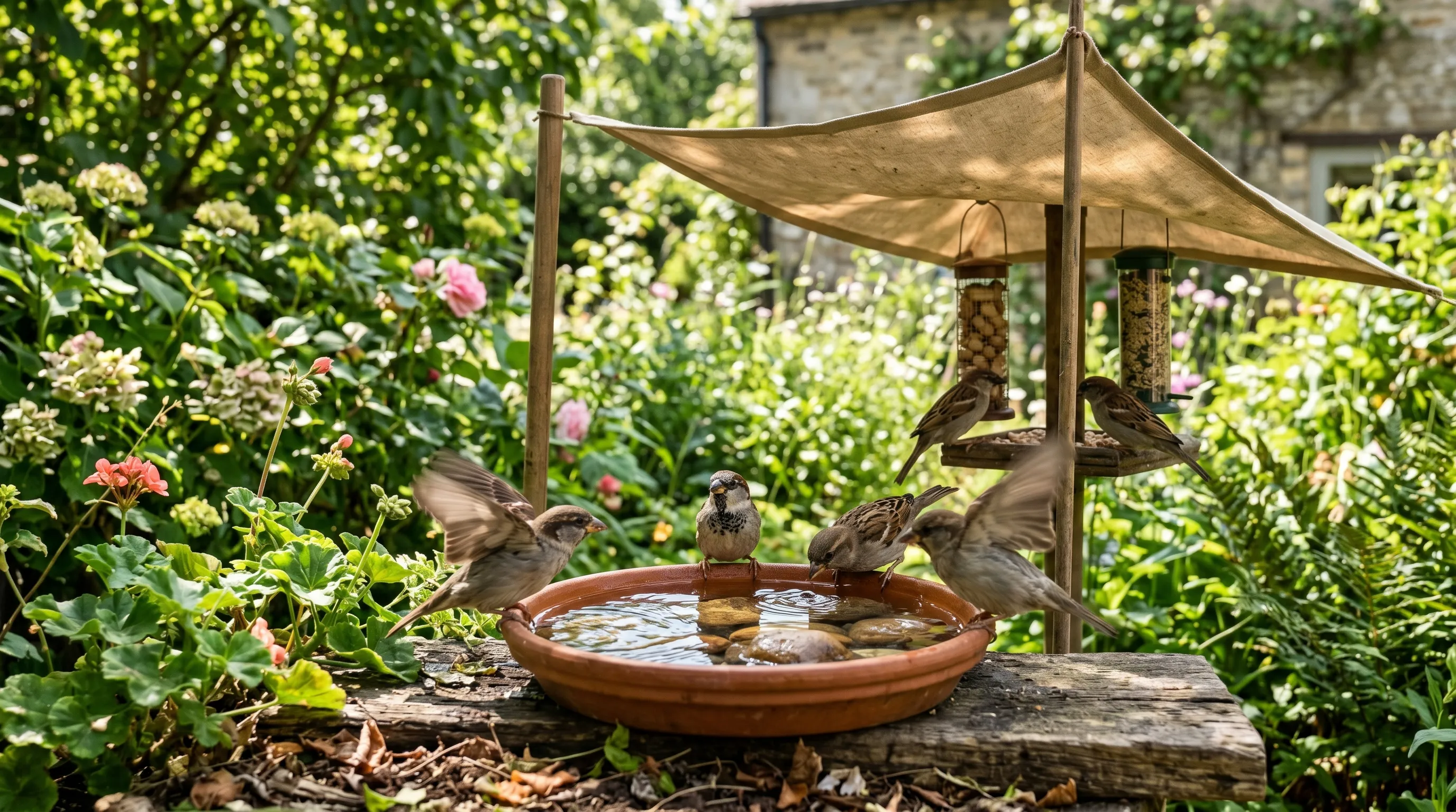 A UK garden in a heatwave showing house sparrows visiting a shallow water dish in dappled shade with a sunshade above the bird feeding station