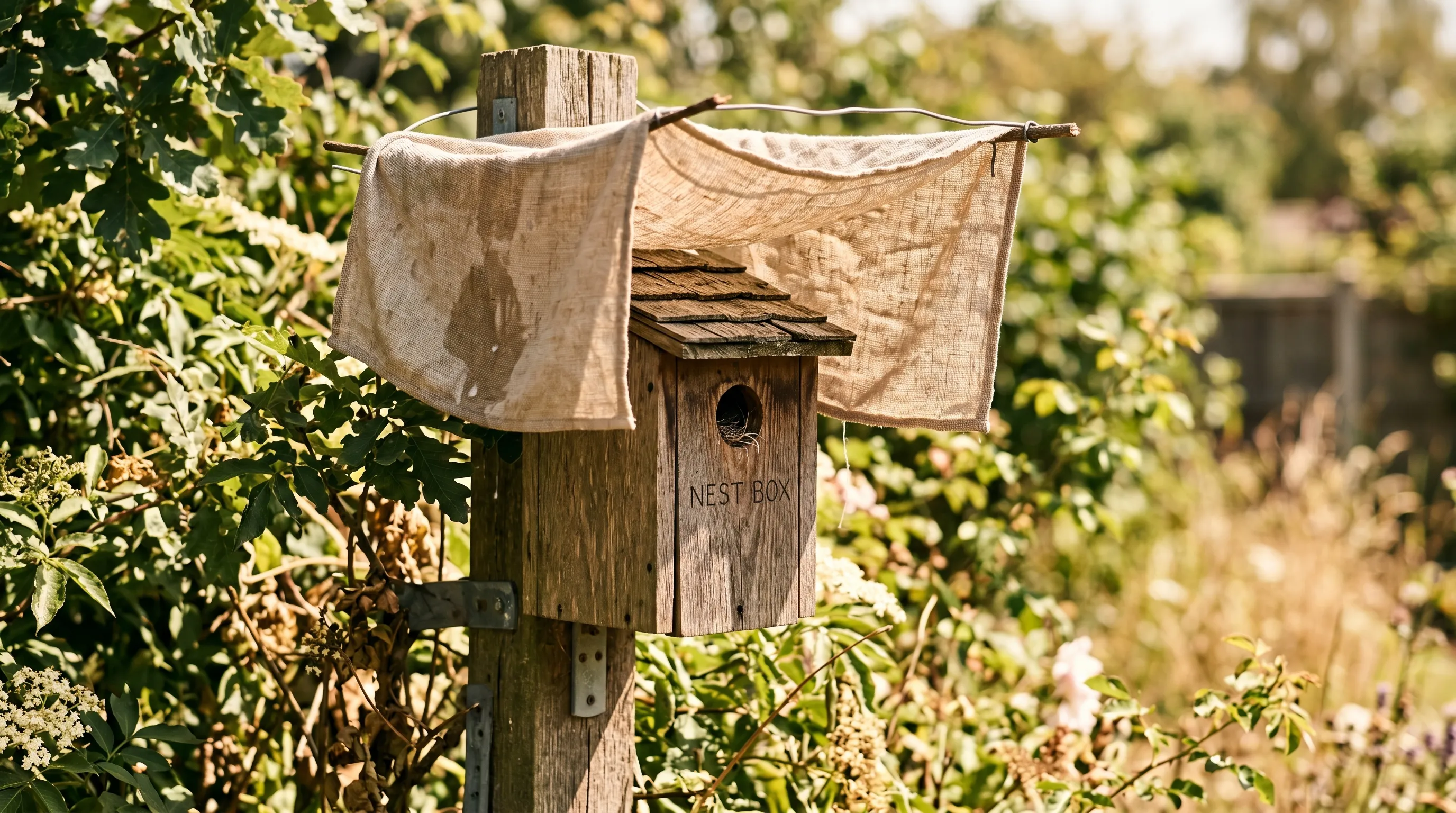 A UK nest box with a temporary cloth shade hanging above it during an amber-warning heatwave day, with the cloth wetted to provide additional cooling through evaporation