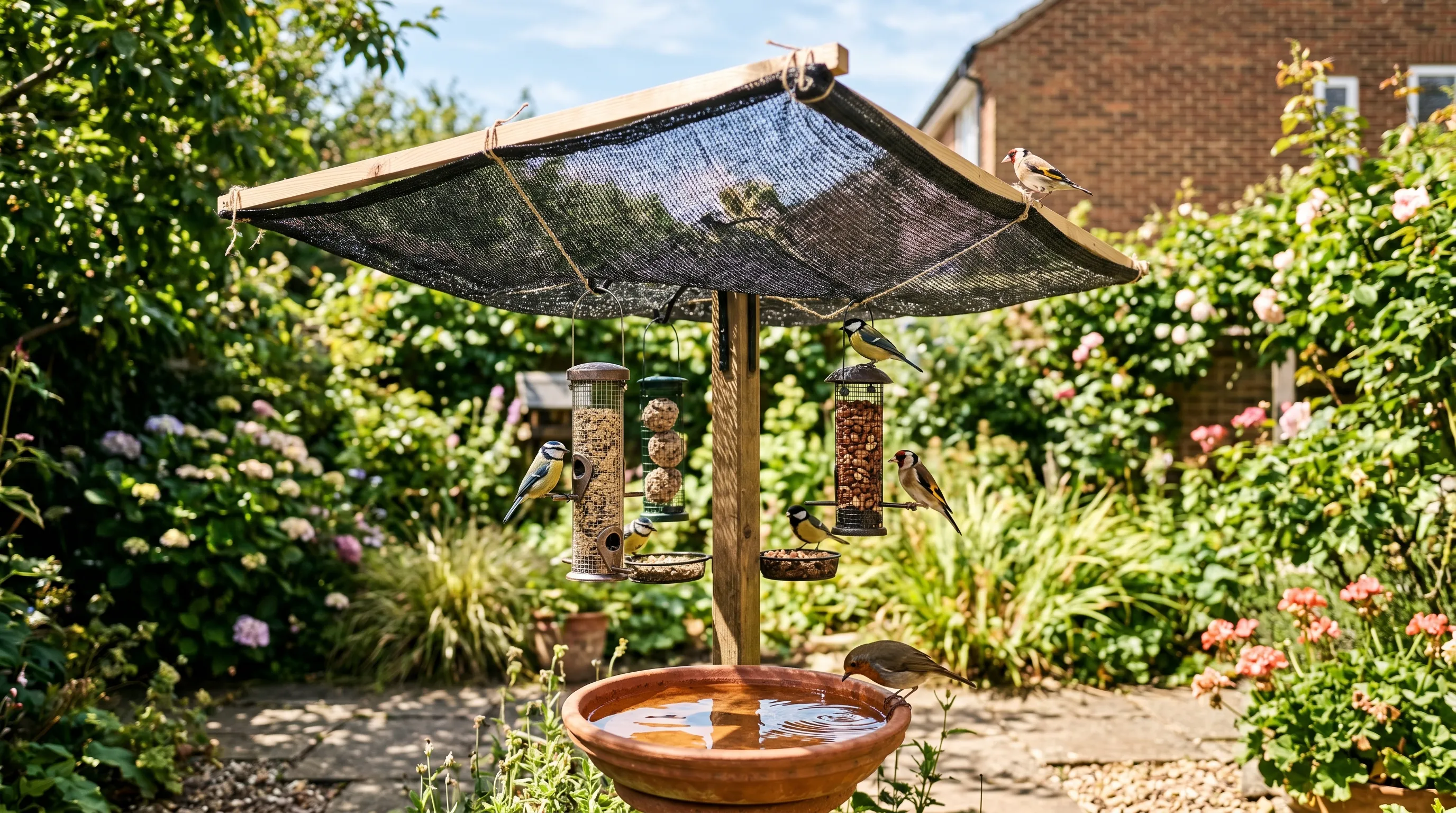 A UK garden showing a temporary shade panel installed above a bird feeding station during a heatwave, with the 50% shade mesh providing dappled shadow over feeders and water