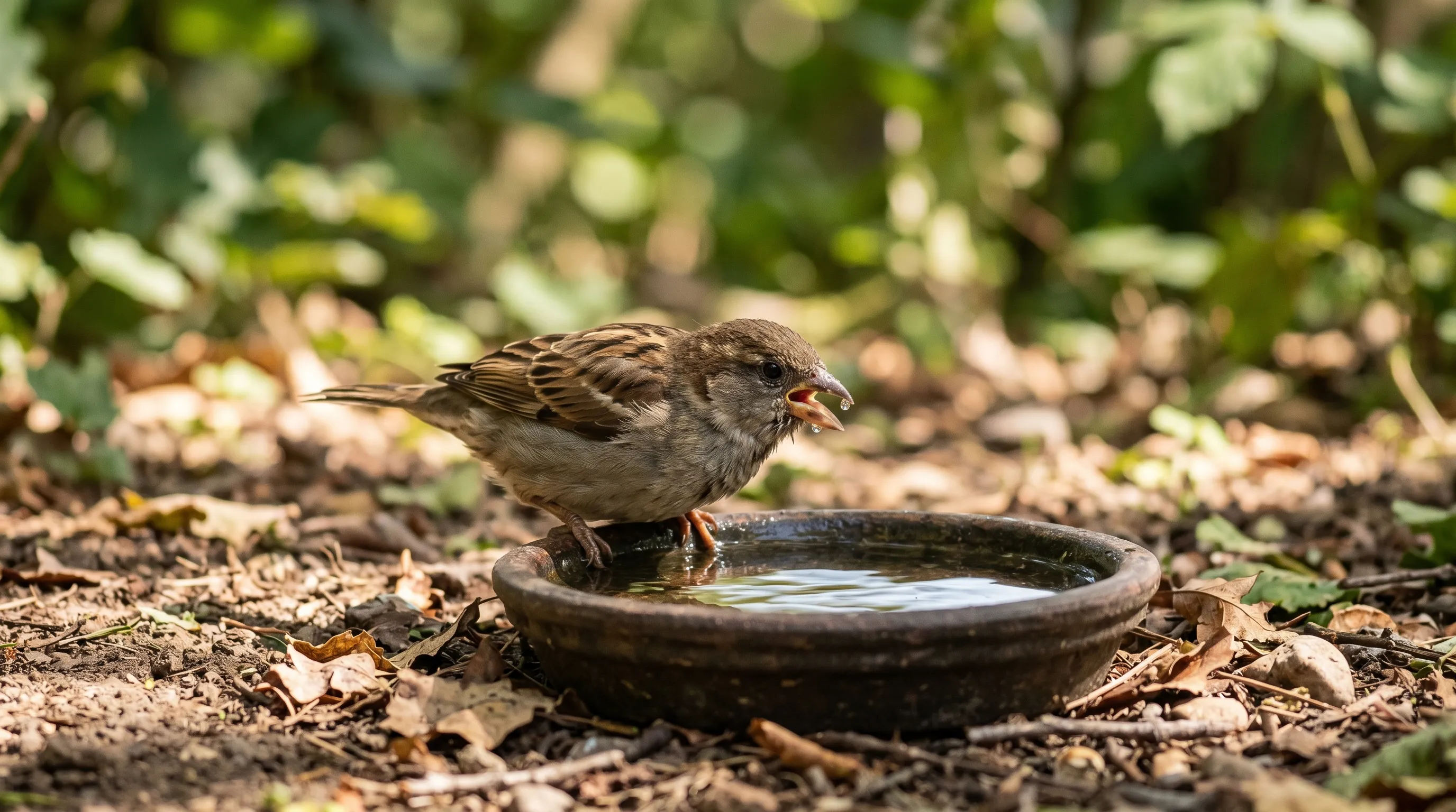 A close-up of a UK house sparrow drinking from a shallow ground dish in dappled shade during a July heatwave, with the bird's open beak visible indicating heat stress