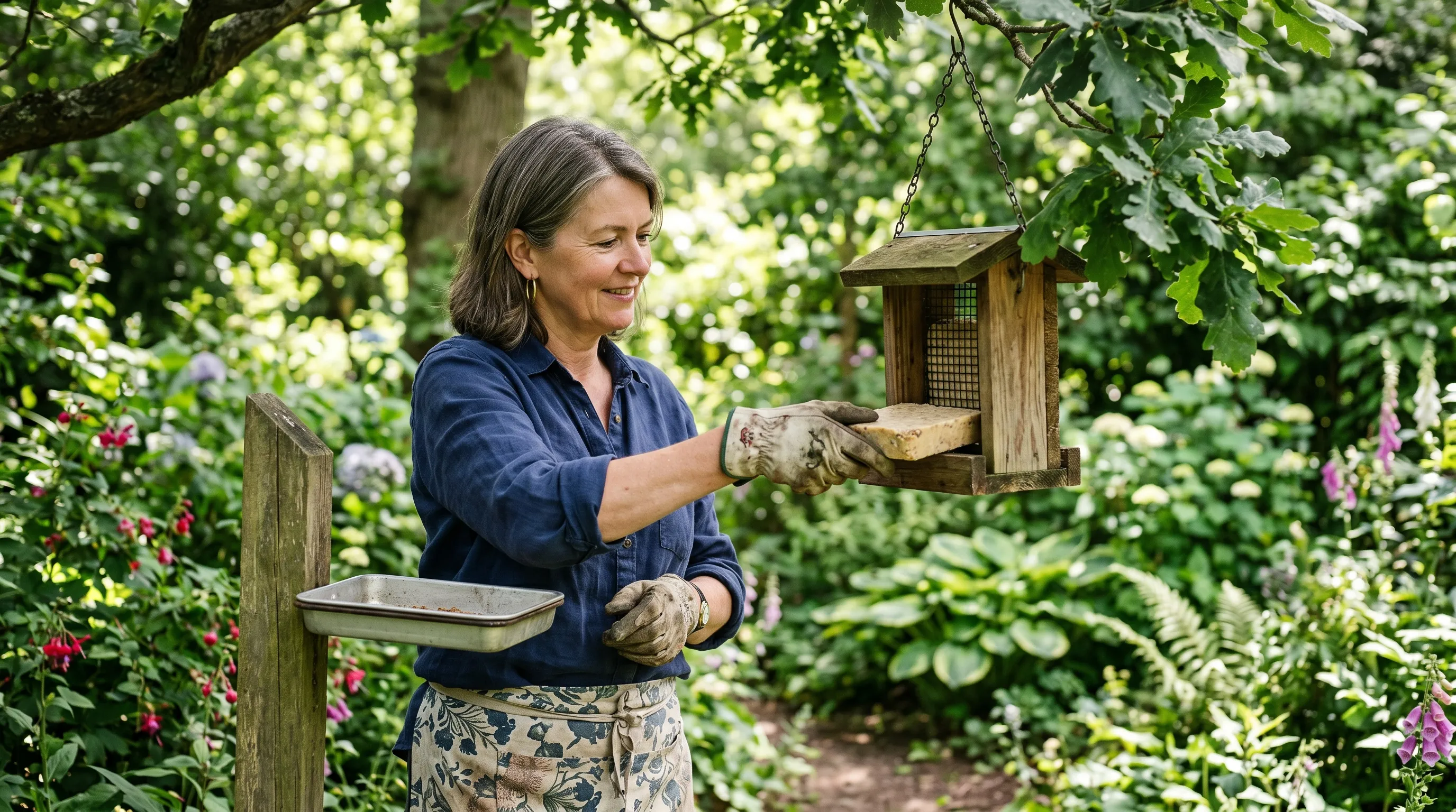 A UK gardener filling a shaded suet block feeder during a July heatwave, with the feeder positioned in dappled tree shade and an empty mealworm tray visible beside being removed for the day