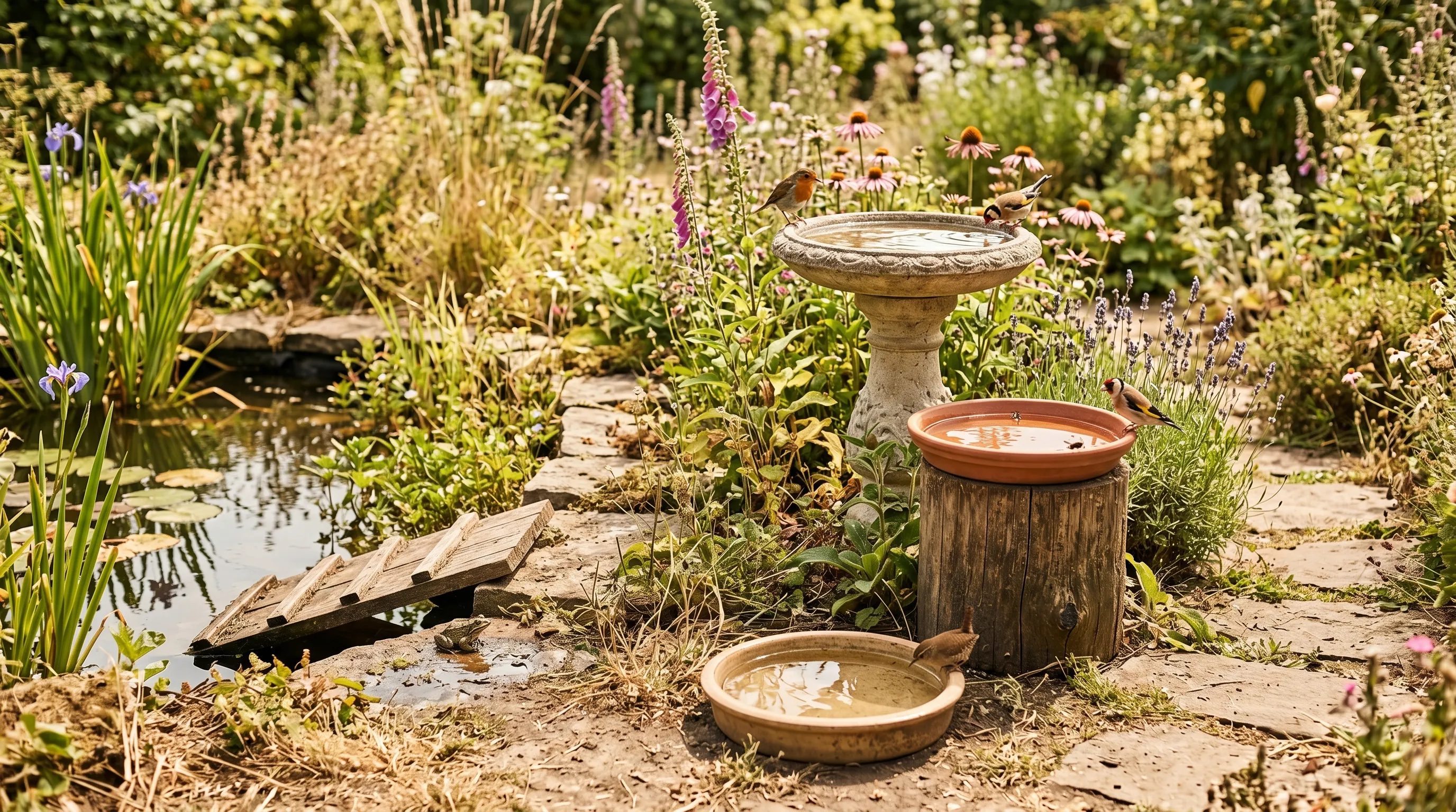 A UK garden in mid heatwave showing four water sources at different heights and positions: a ground dish, a mid-height dish, a pedestal bath, and a pond edge ramp