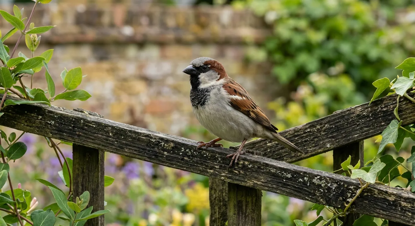 Common garden birds male house sparrow with grey crown and black bib perched on a garden trellis