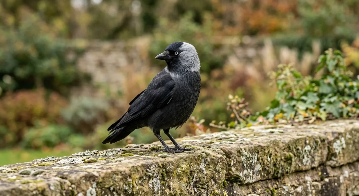 Common garden birds jackdaw with silver-grey nape and pale eye perched on a garden wall