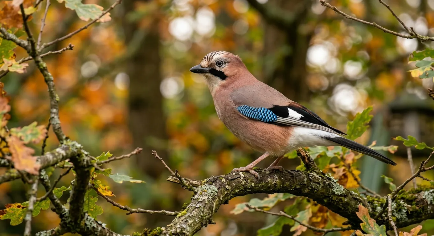 Common garden birds jay with pink-brown body and blue wing patch perched on an oak branch