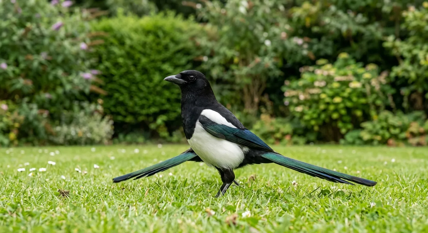 Common garden birds magpie with black and white plumage and long iridescent tail on a UK garden lawn