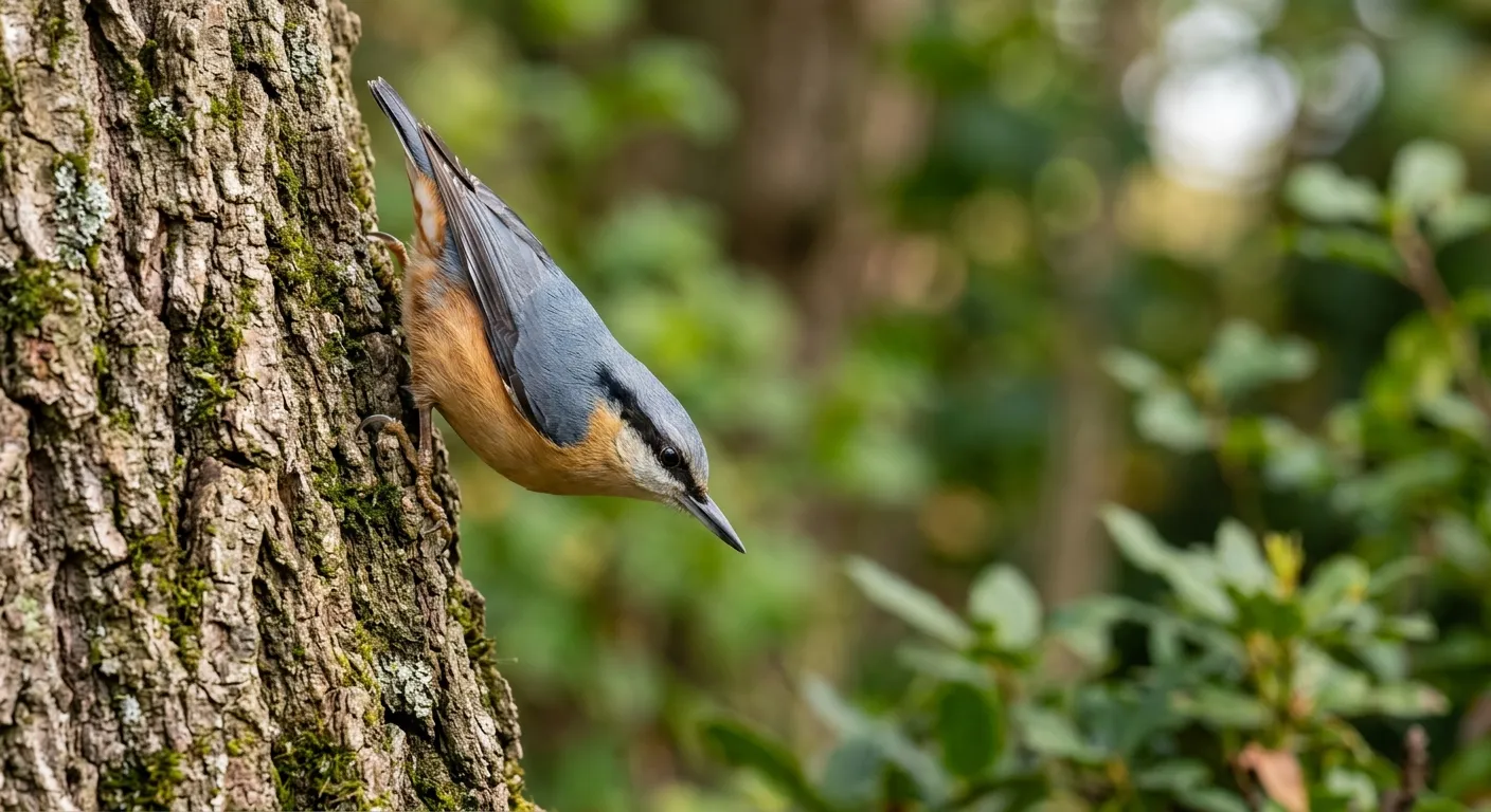 Common garden birds nuthatch walking headfirst down a tree trunk showing blue-grey back and black eye stripe