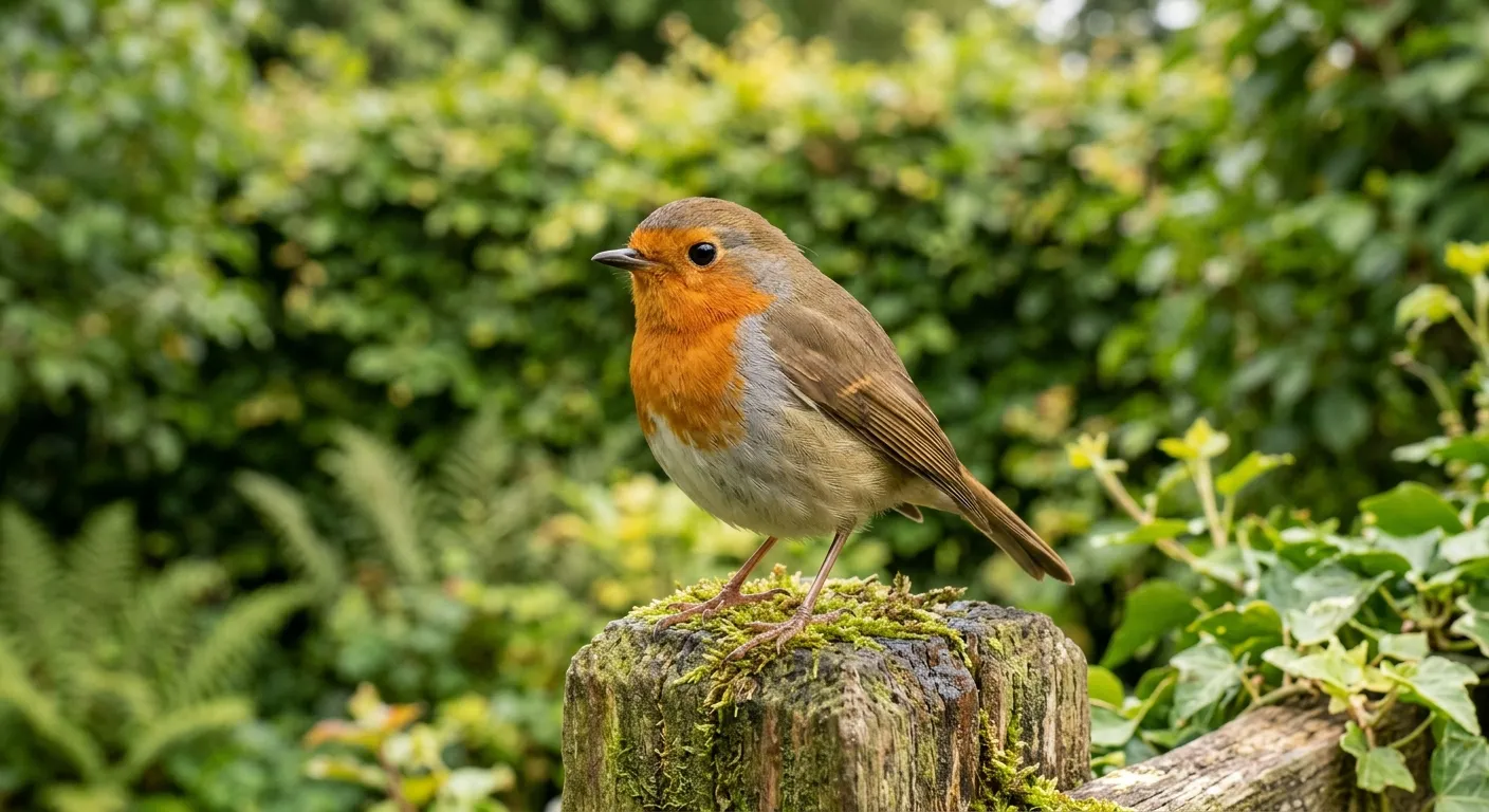 Common garden birds robin showing orange-red breast perched on a mossy fence post in a UK garden