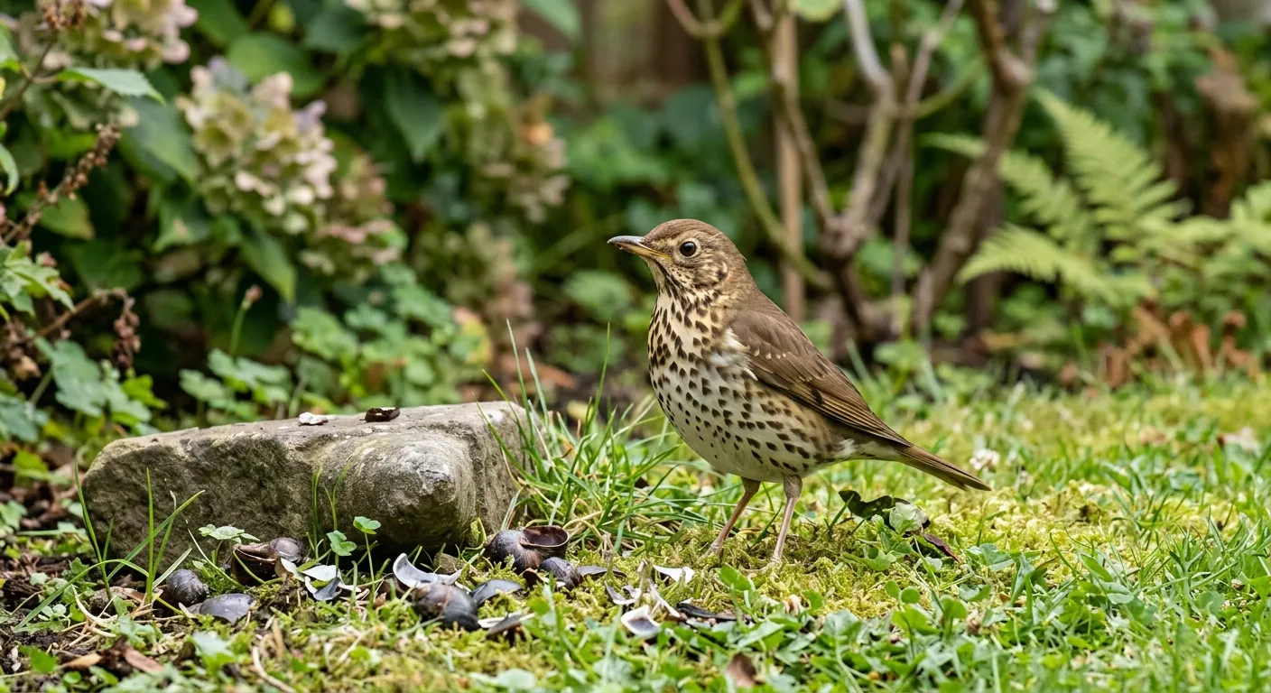 Common garden birds song thrush with spotted breast standing on a UK garden lawn near a stone