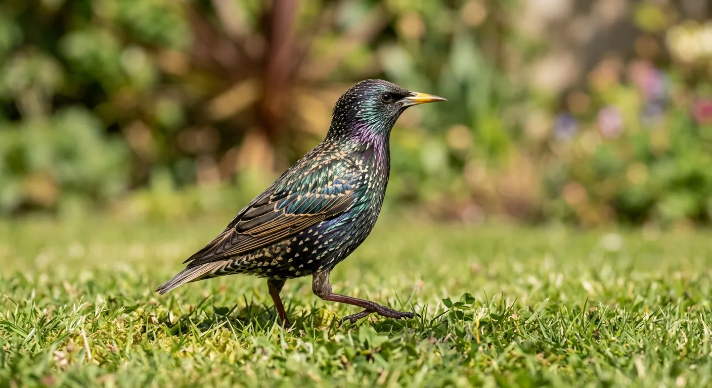 Common garden birds starling showing iridescent green and purple plumage in sunlight on a UK garden lawn