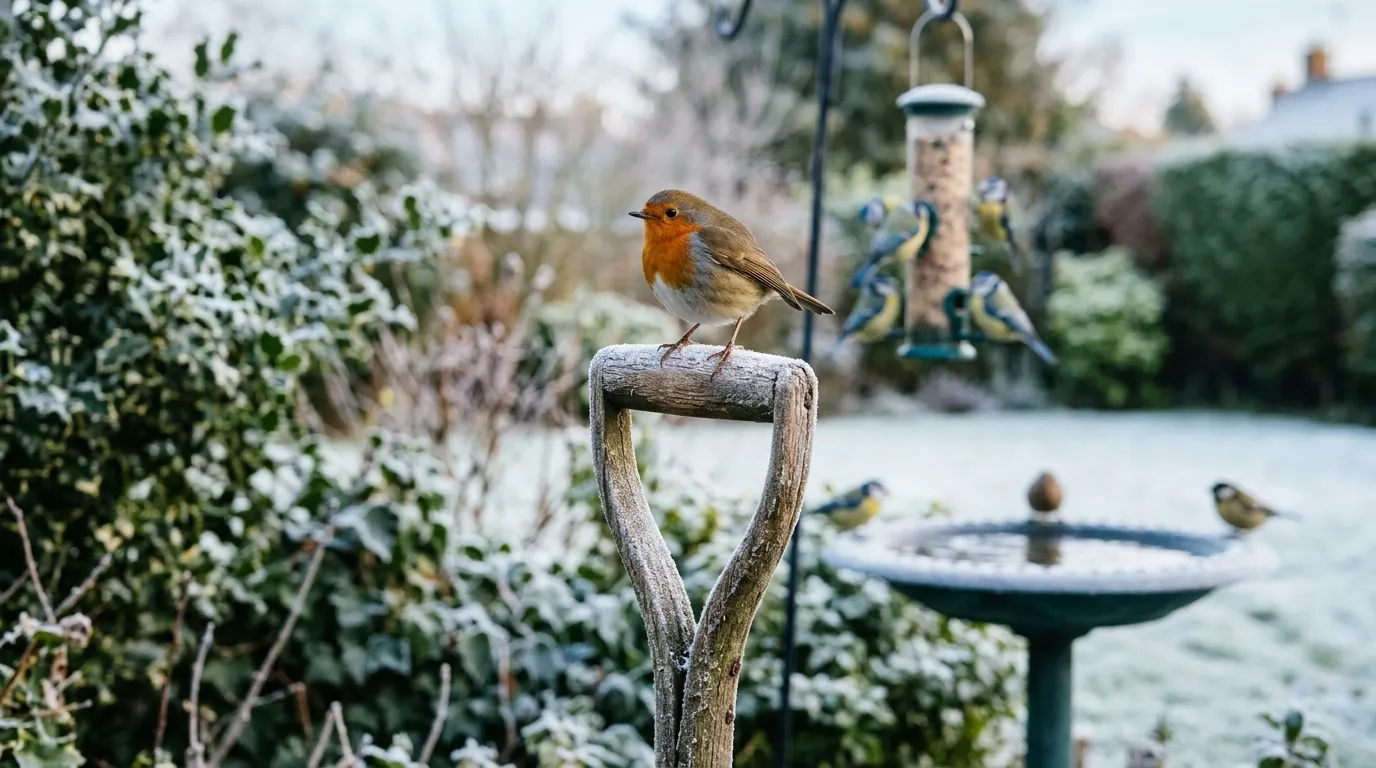 Common garden birds including a robin and blue tit perched on a bird feeder in a sunny UK garden