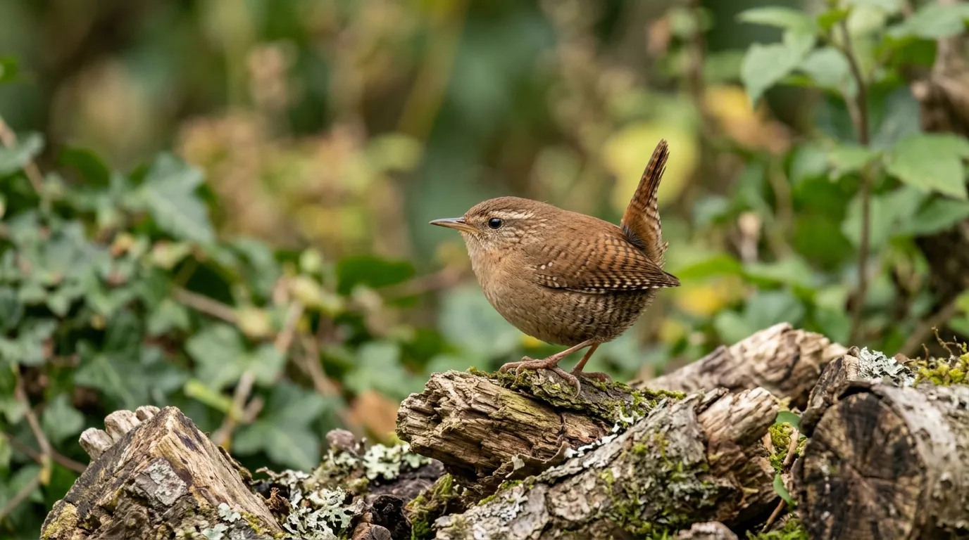 Common garden birds wren with cocked tail perched on a log pile in a UK garden